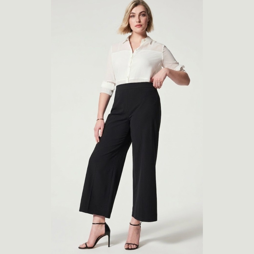 Spanx‎ Womens Size Small On The Go Wide Leg Crop Pant Black Stretch High Rise